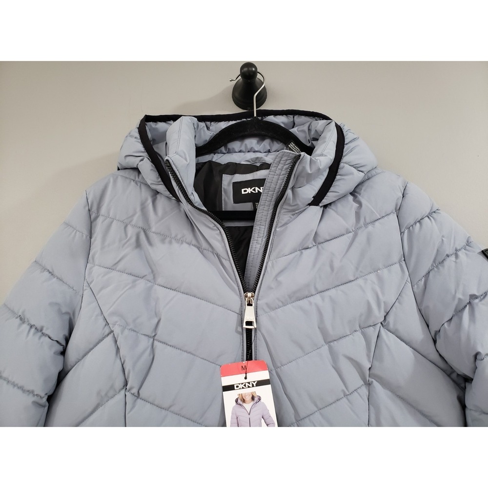 NEW DKNY Women's Long‎ Puffer Jacket Size Medium Grey Coat Light Hooded - Picture 3 of 5
